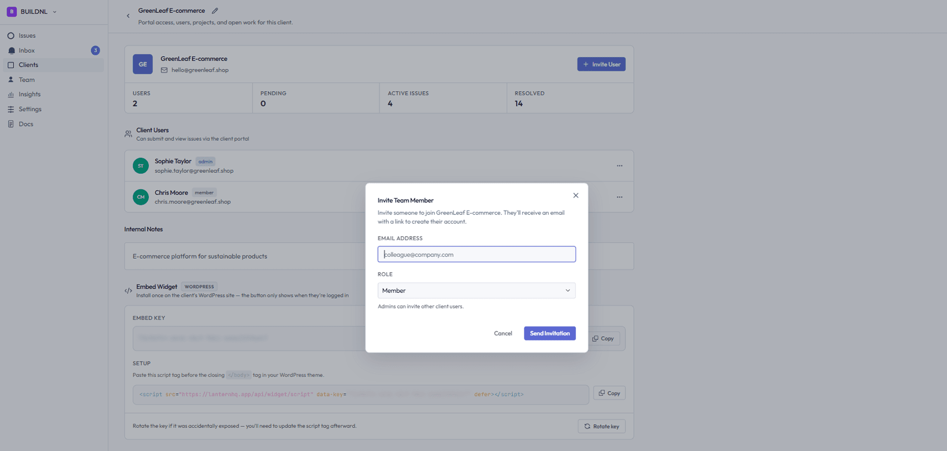 Invite client user dialog with email address and role fields