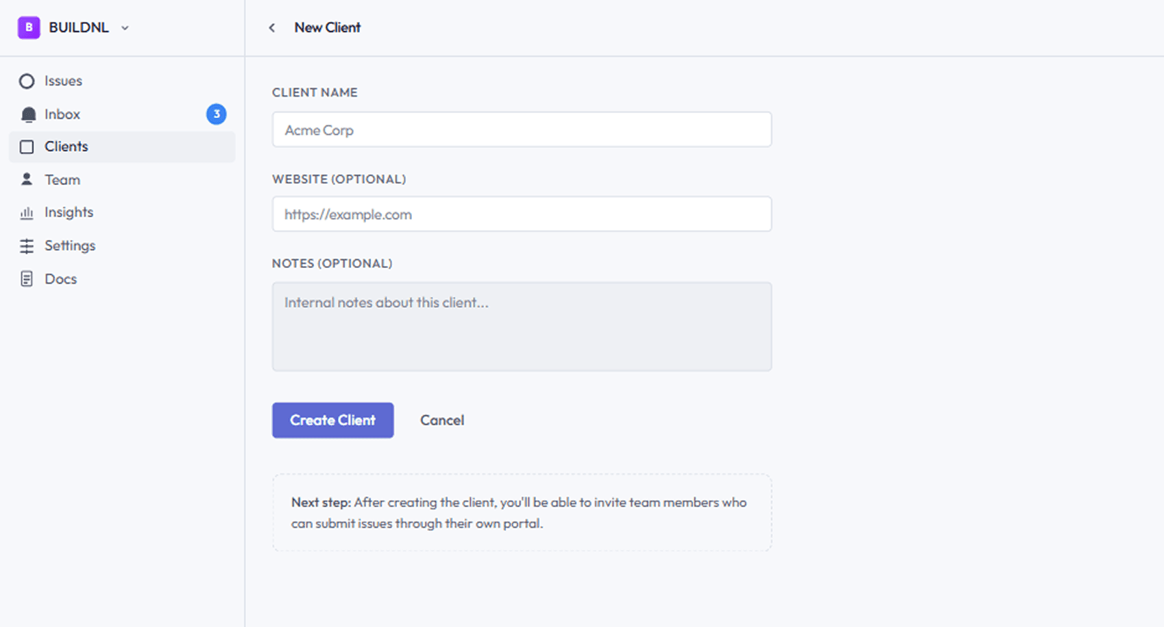 Lantern new client form with name, website, and notes fields