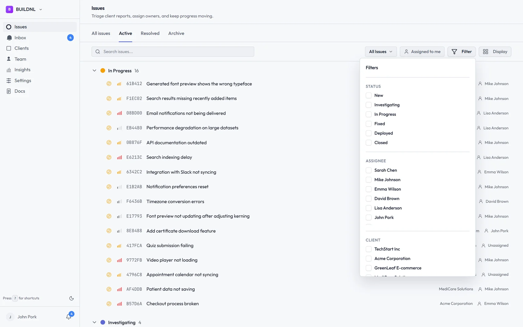 Lantern issues list with the filter popover open