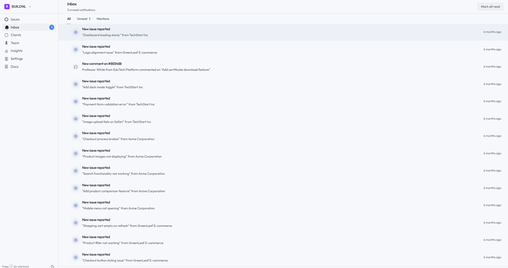 Lantern inbox showing issue and comment notifications