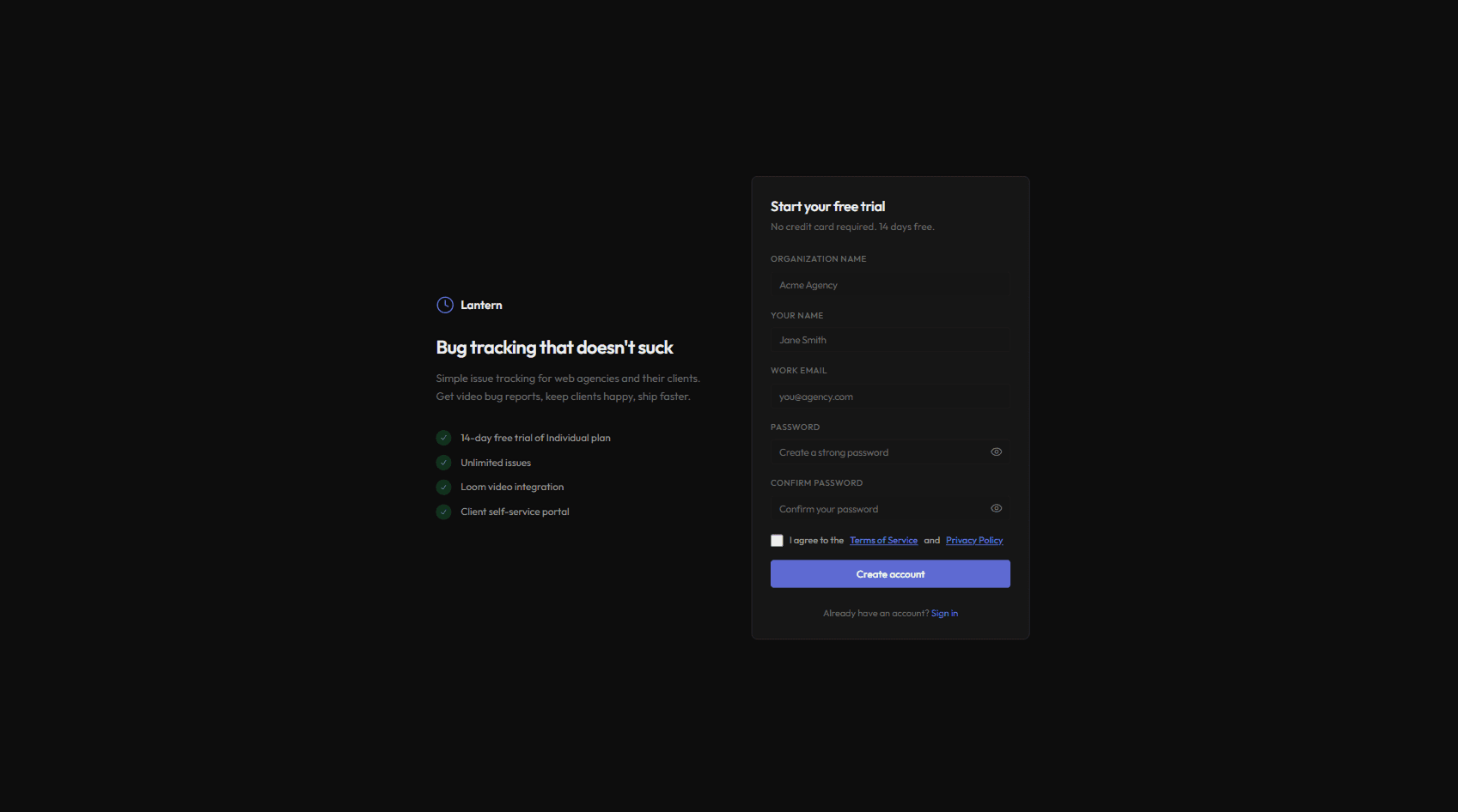 Lantern account registration screen