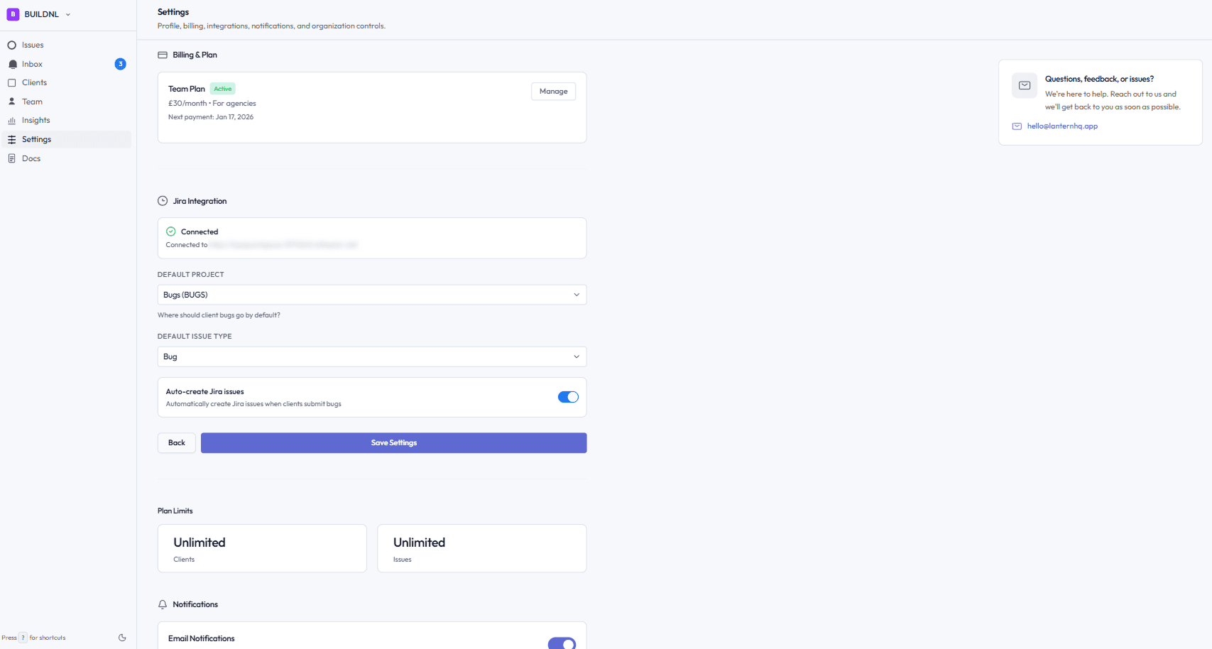 Lantern Jira integration settings with connected account and default project fields