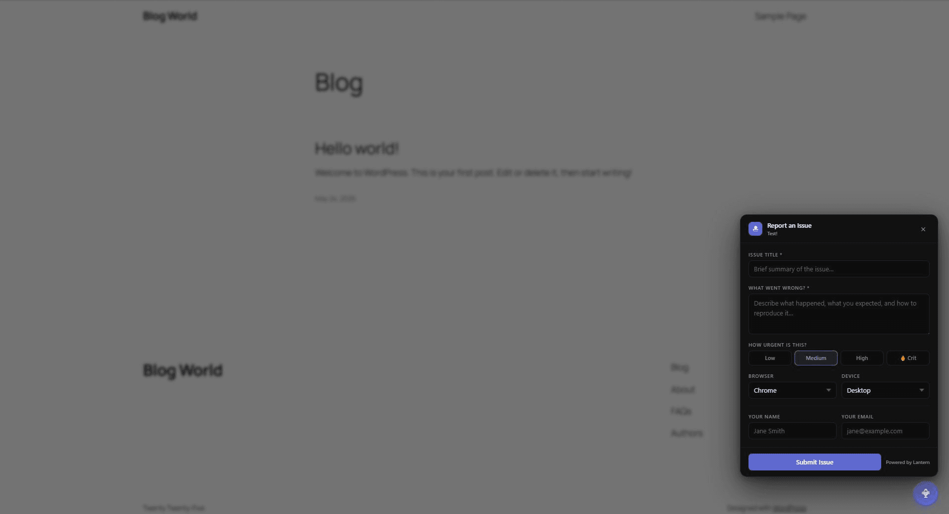 Lantern bug reporting widget installed on a WordPress site