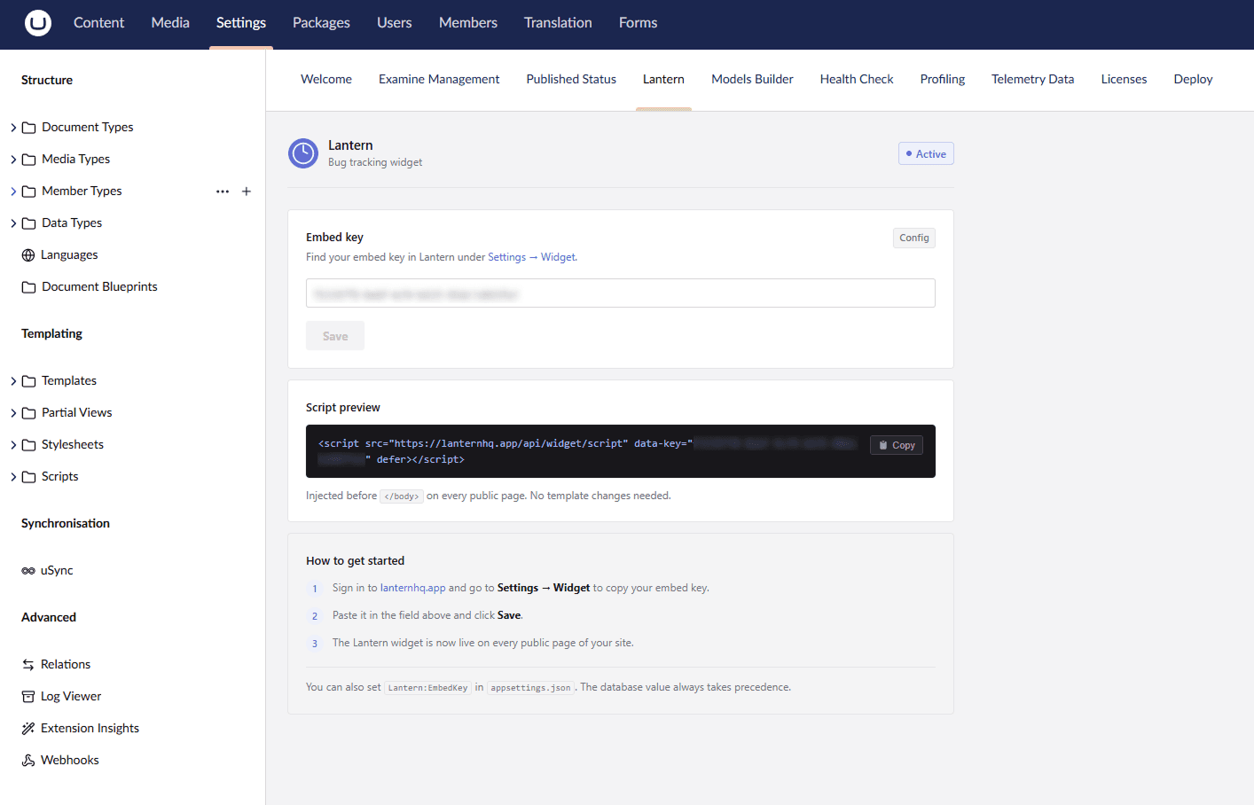 Lantern bug tracking widget on an Umbraco site