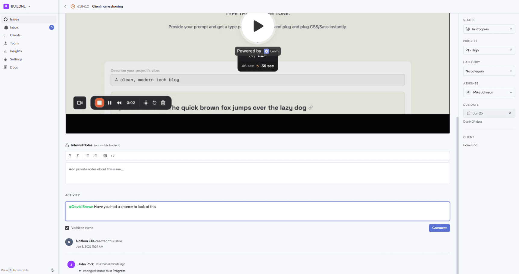 Lantern issue activity area with an internal notes editor and client-visible comment composer