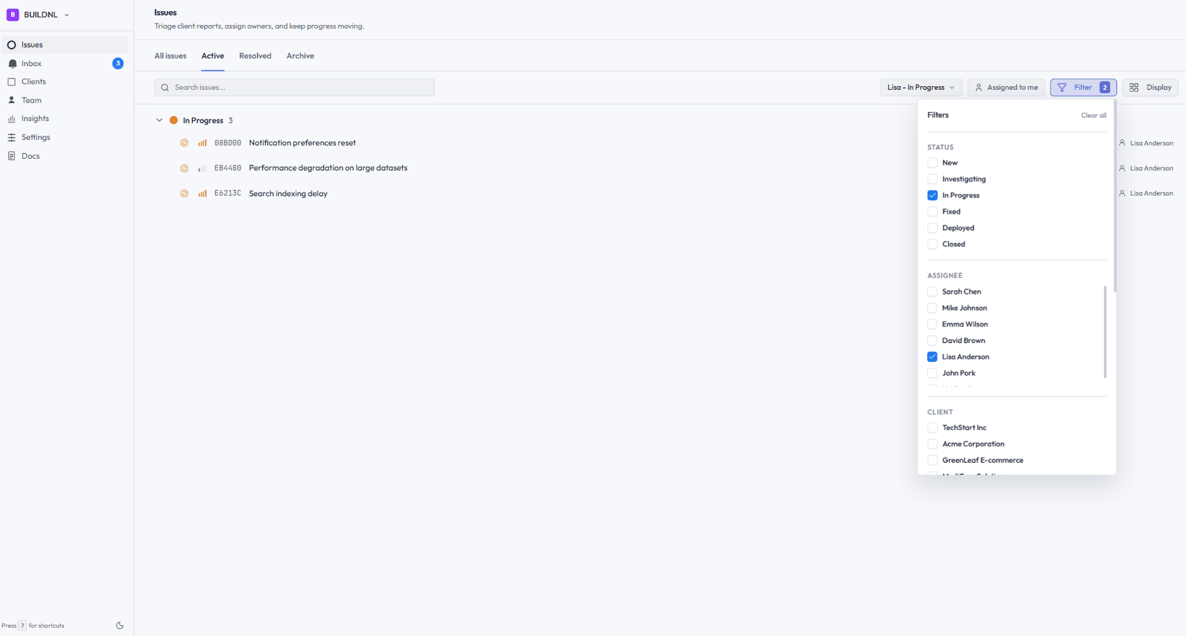 Lantern issues list with the filter popover open