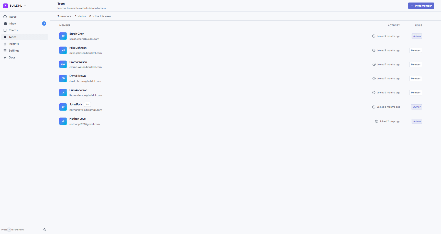 Lantern team member list showing member names and roles