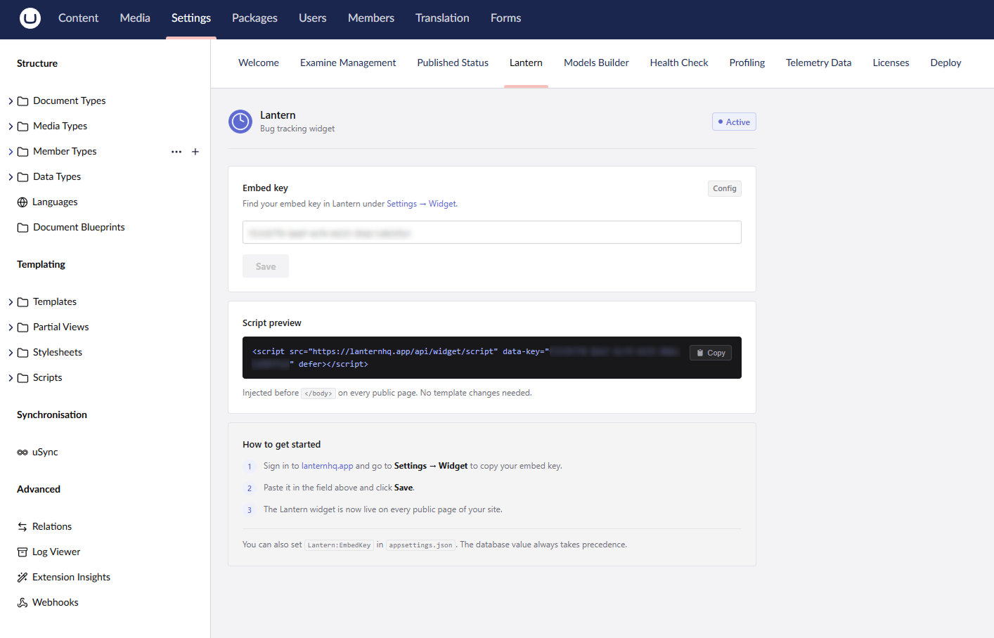 Lantern bug tracking widget on an Umbraco site