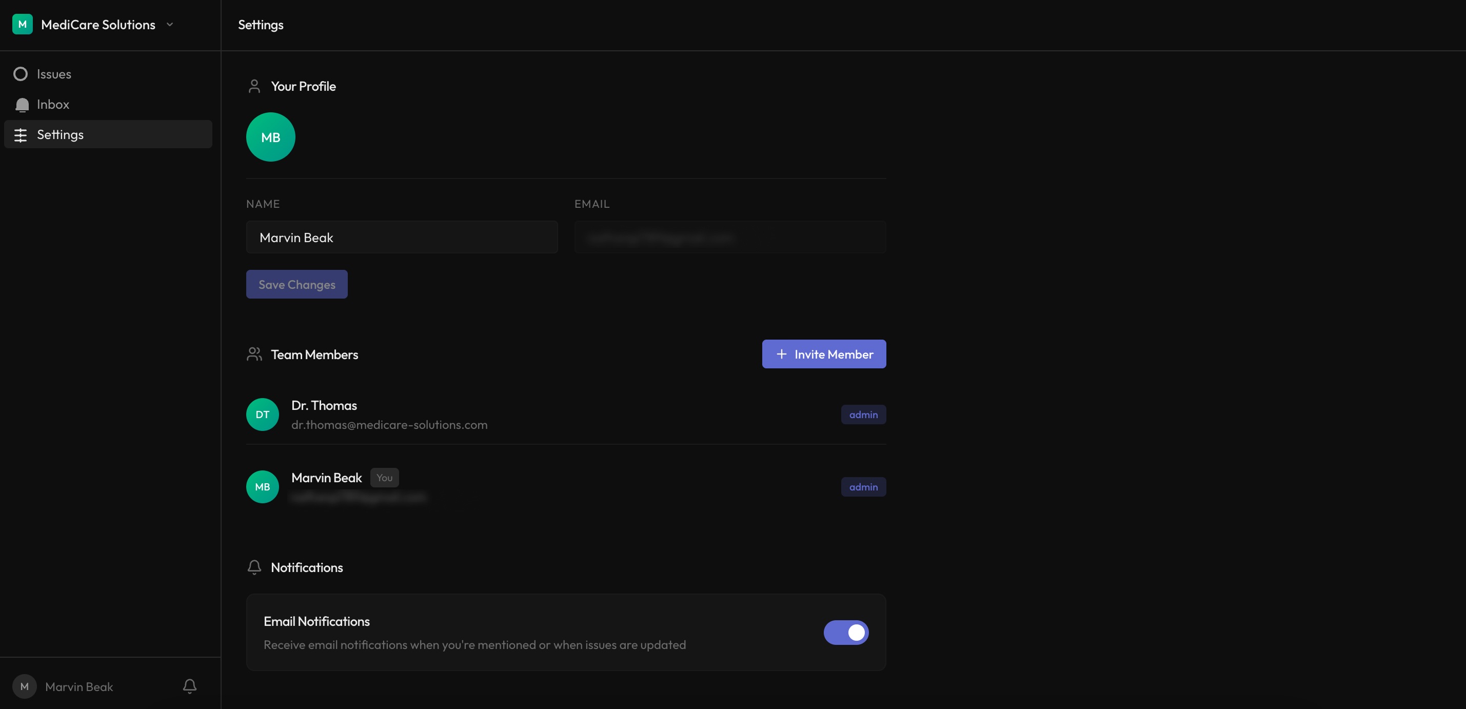 Client portal interface showing client view of issues