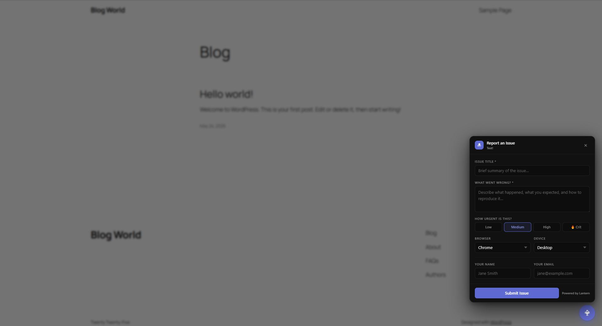 The Lantern bug report button and modal form, visible only to a logged-in WordPress admin user