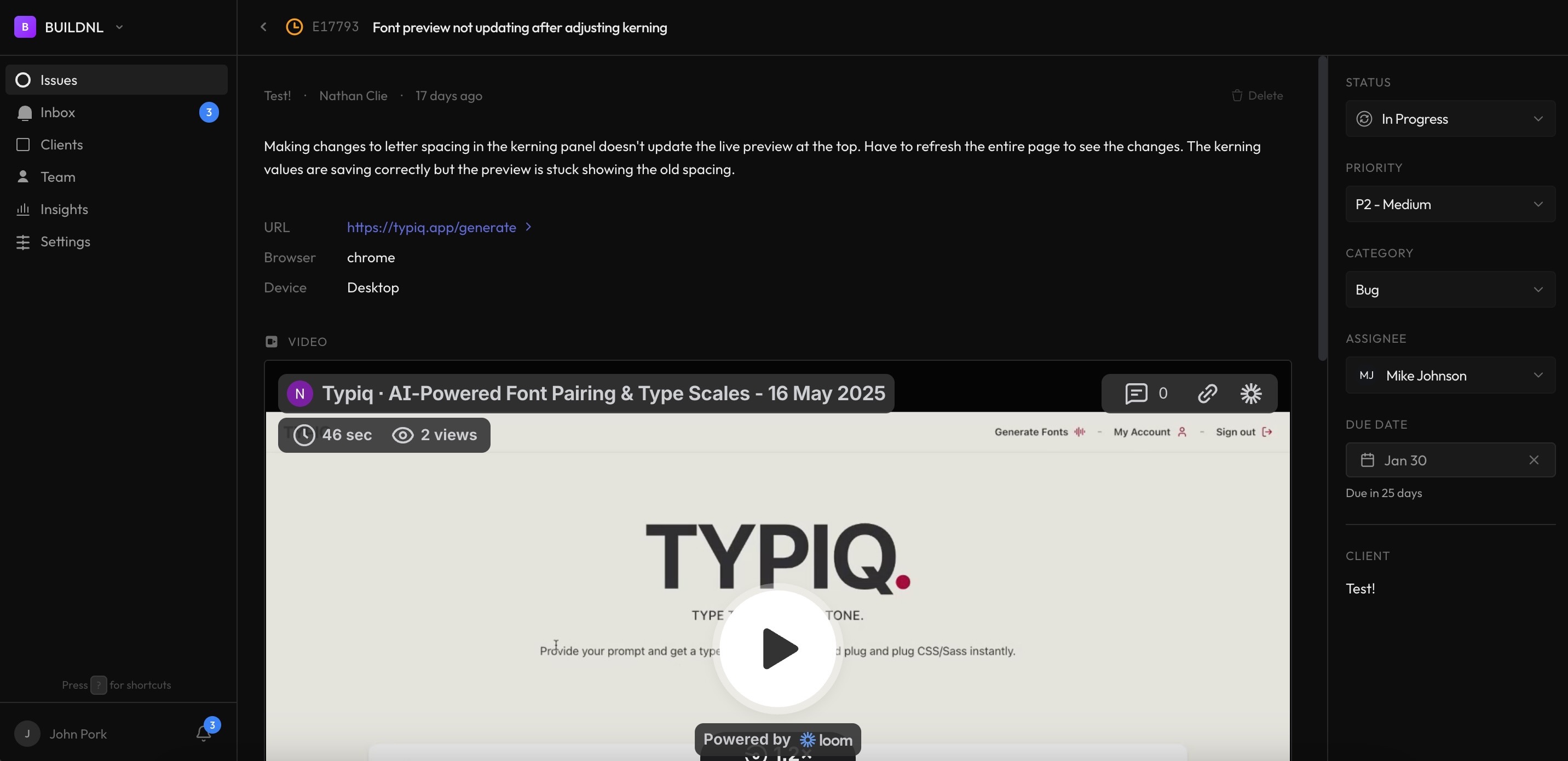 Video bug report interface showing Loom video embedded in issue