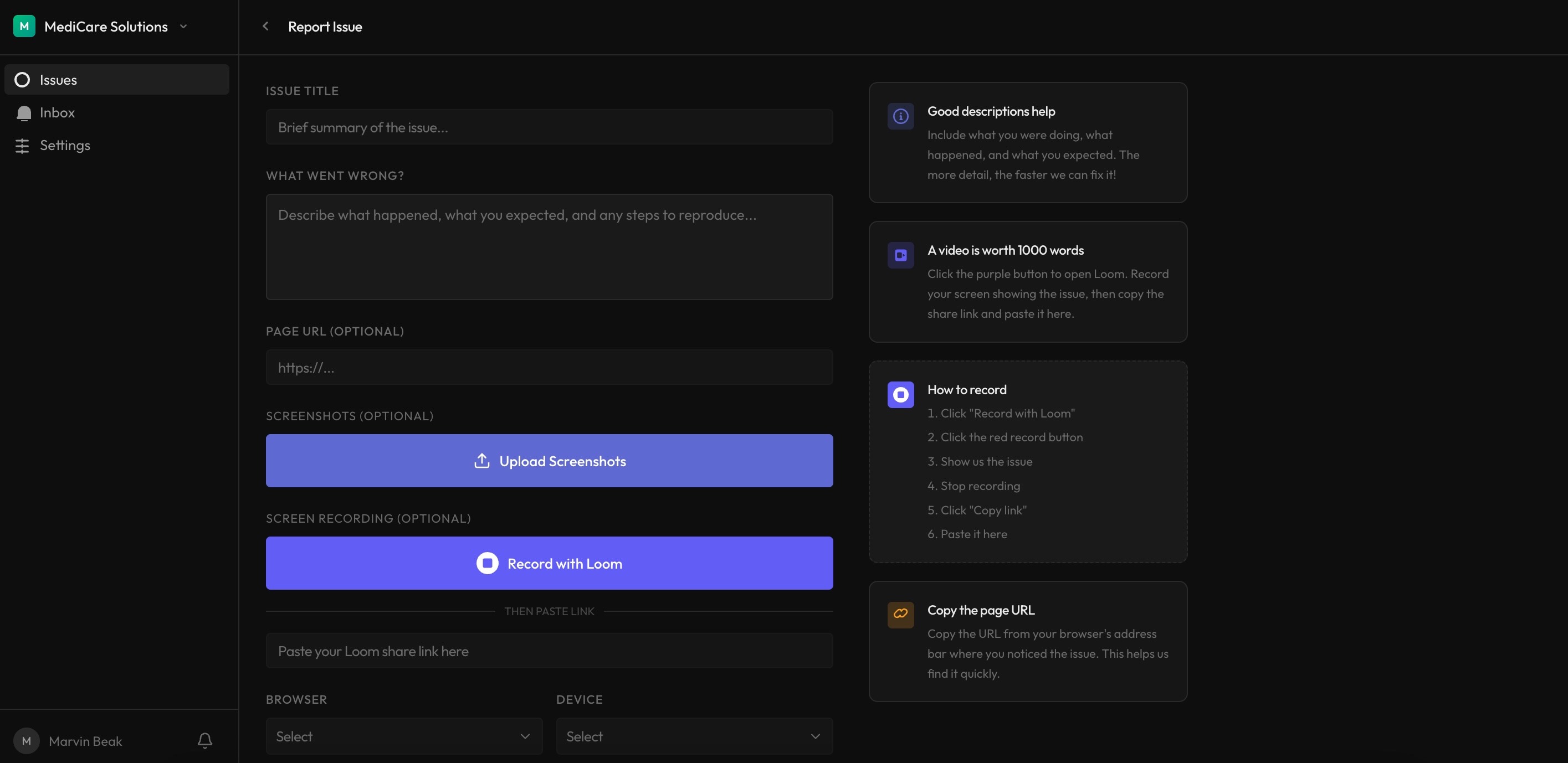 Video bug report submission form