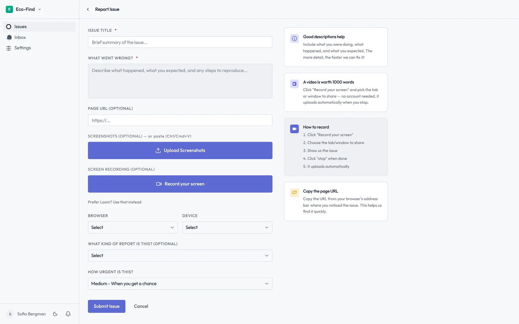 Video ticket submission form with native screen recording